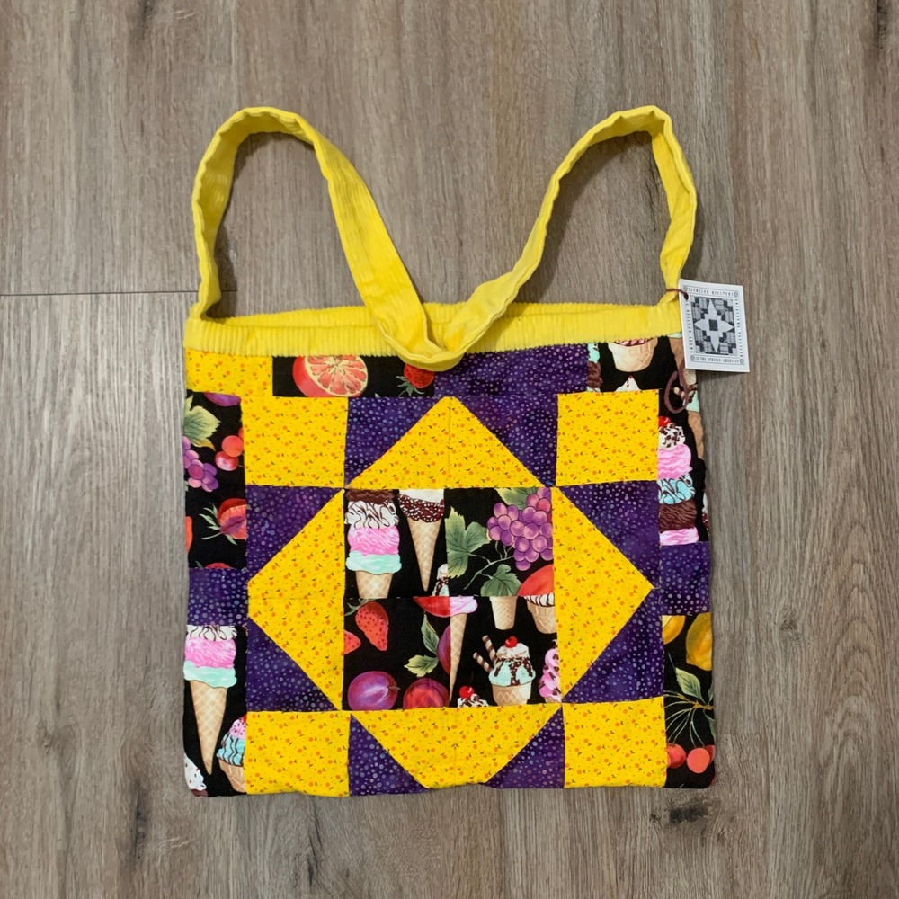 NWT Tutwiler Quilters handmade patchwork quilted tote bag in yellow purple